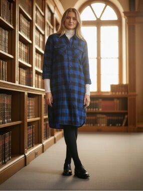 NWT rag & bone Blue & Black Plaid Button-Down Womens Shirt Dress Size M